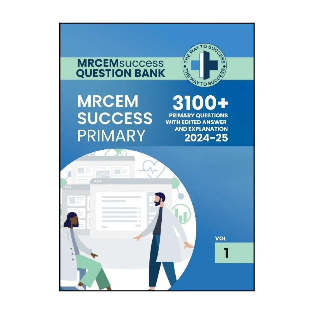 MRCEM Success Primary Question Bank 2024-25 book cover with medical illustrations, sold at MedicoBooks.pk