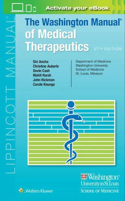 The Washington Manual of Medical Therapeutics 37th edition book cover, blue and green design, featured on MedicoBooks.pk for online medical book shopping in Pakistan.
